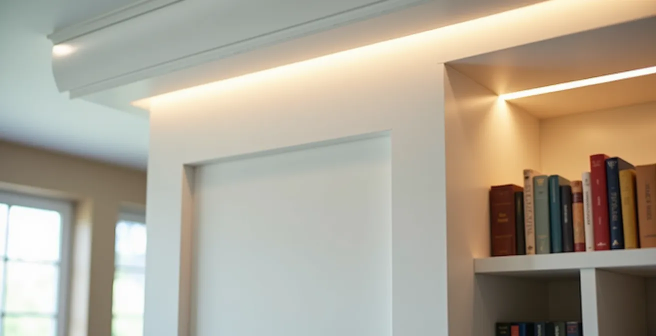 Vue rapprochée d'un caisson de raccordement entre bibliothèque et plafond avec éclairage LED indirect créant une ambiance chaleureuse