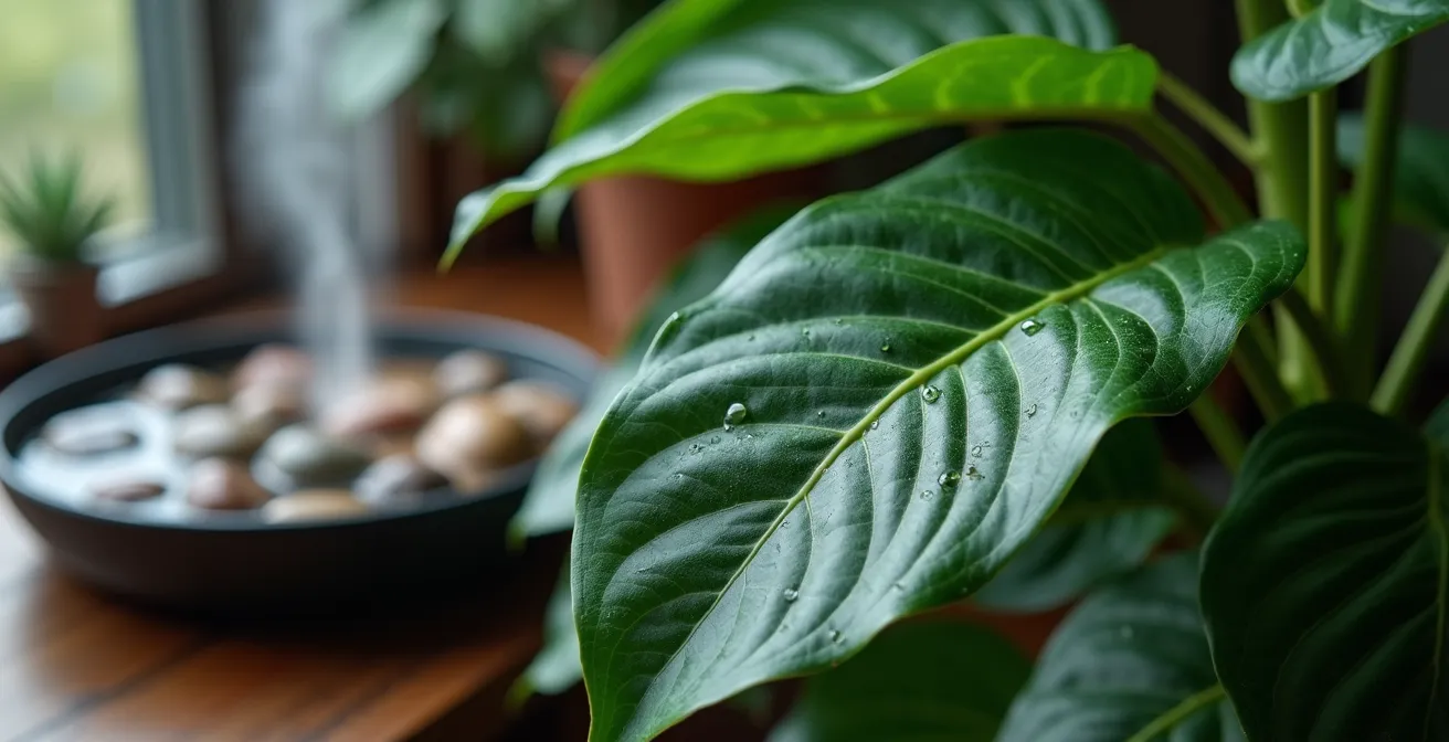 Calathea avec système d'humidification par plateau de billes d'argile et humidificateur