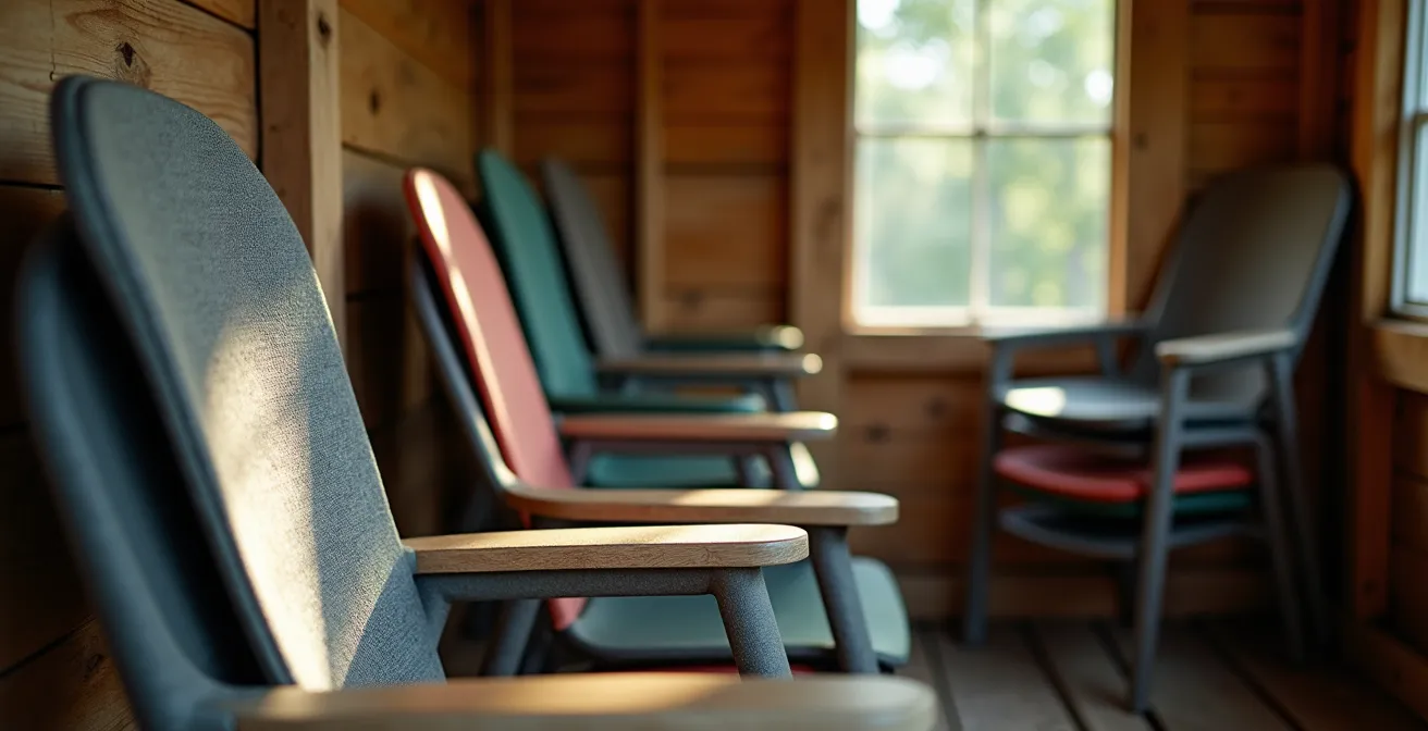 Chaises de patio empilées de manière compacte dans un cabanon québécois pour l'hiver