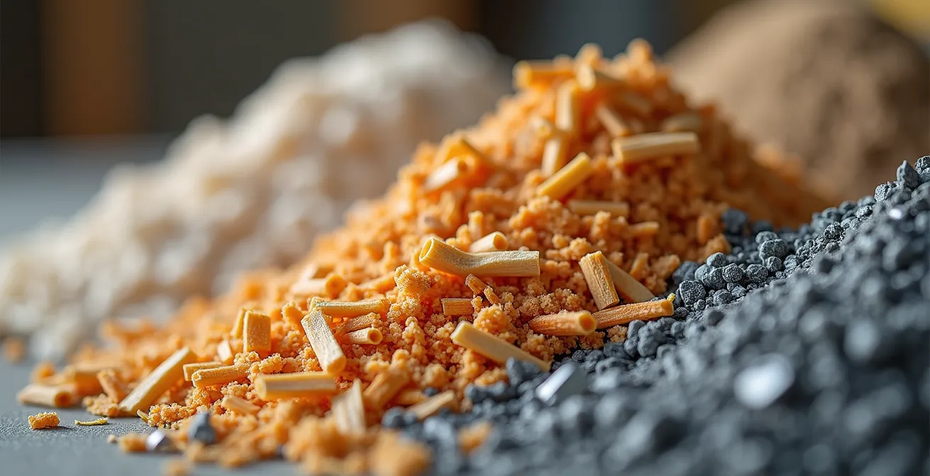 Chantier de construction avec bacs de tri colorés pour différents matériaux