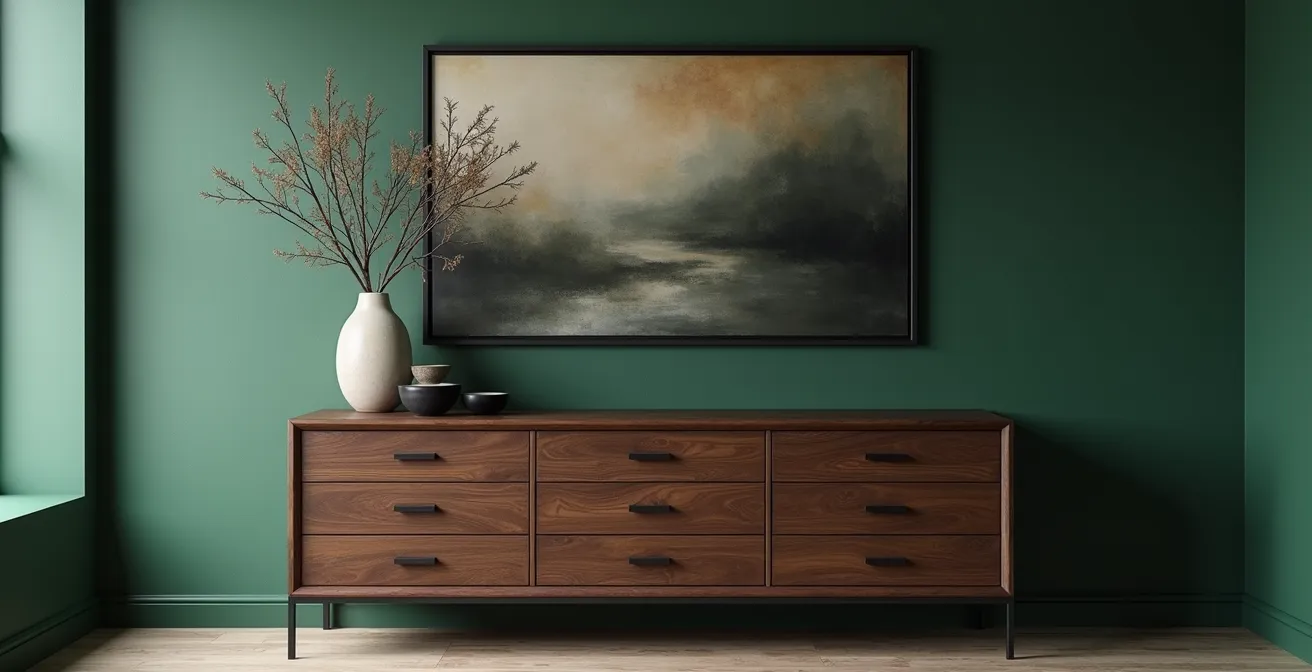 Commode ancienne en bois foncé contre un mur vert forêt, surmontée d'une œuvre d'art moderne, illustrant le contraste réussi.