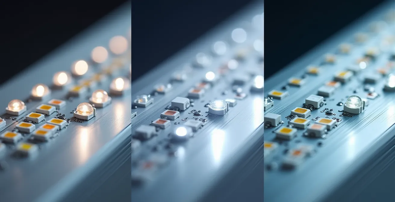 Comparaison visuelle de trois rubans LED avec différentes densités montrant l'uniformité de la lumière