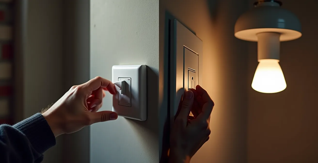 Gros plan sur l'installation d'un interrupteur intelligent et d'une ampoule connectée côte à côte