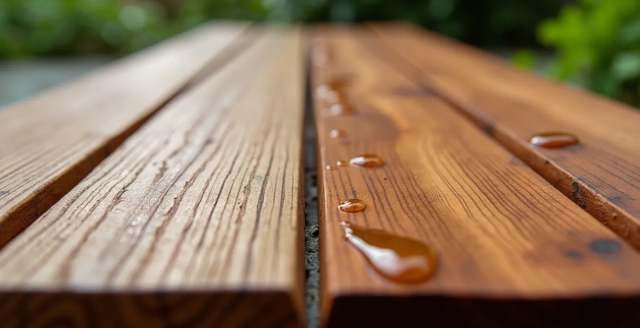 Gros plan comparatif de planches de terrasse en composite et bois torréfié