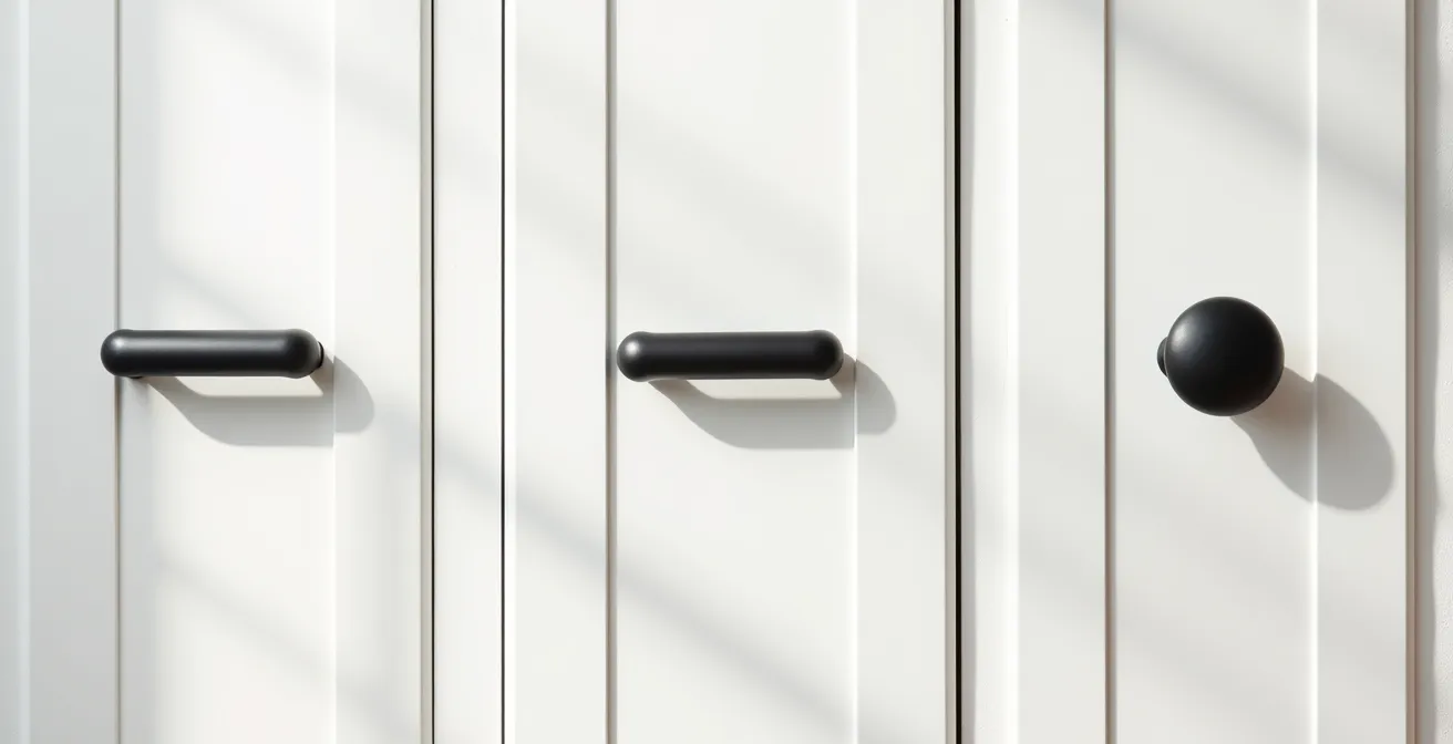Gros plan sur trois styles de poignées noires mates installées sur des armoires blanches de cuisine