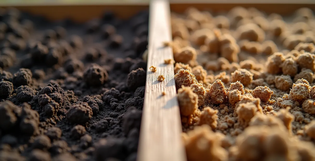 Comparaison visuelle entre terre noire compactée et mélange aéré dans un bac surélevé