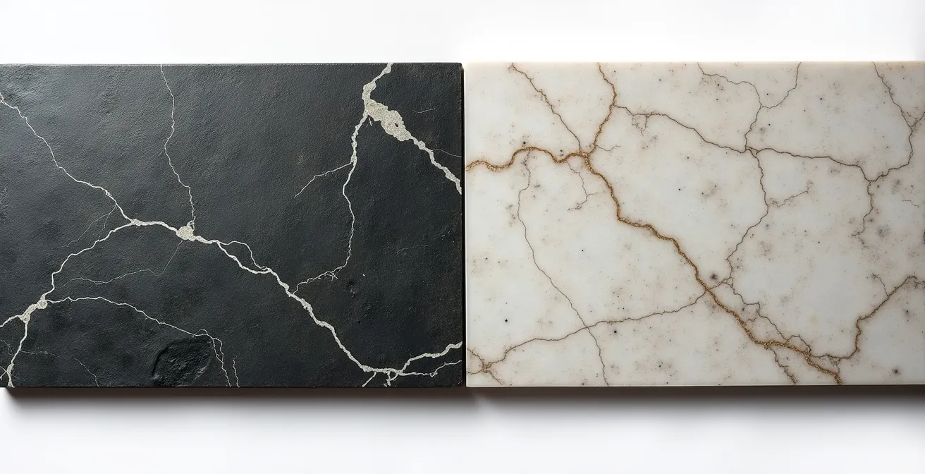 Comparaison visuelle entre ardoise naturelle du Québec et imitation porcelaine