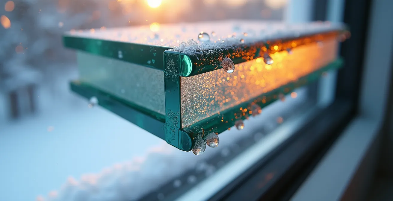 Coupe transversale montrant la différence entre double et triple vitrage dans un solarium