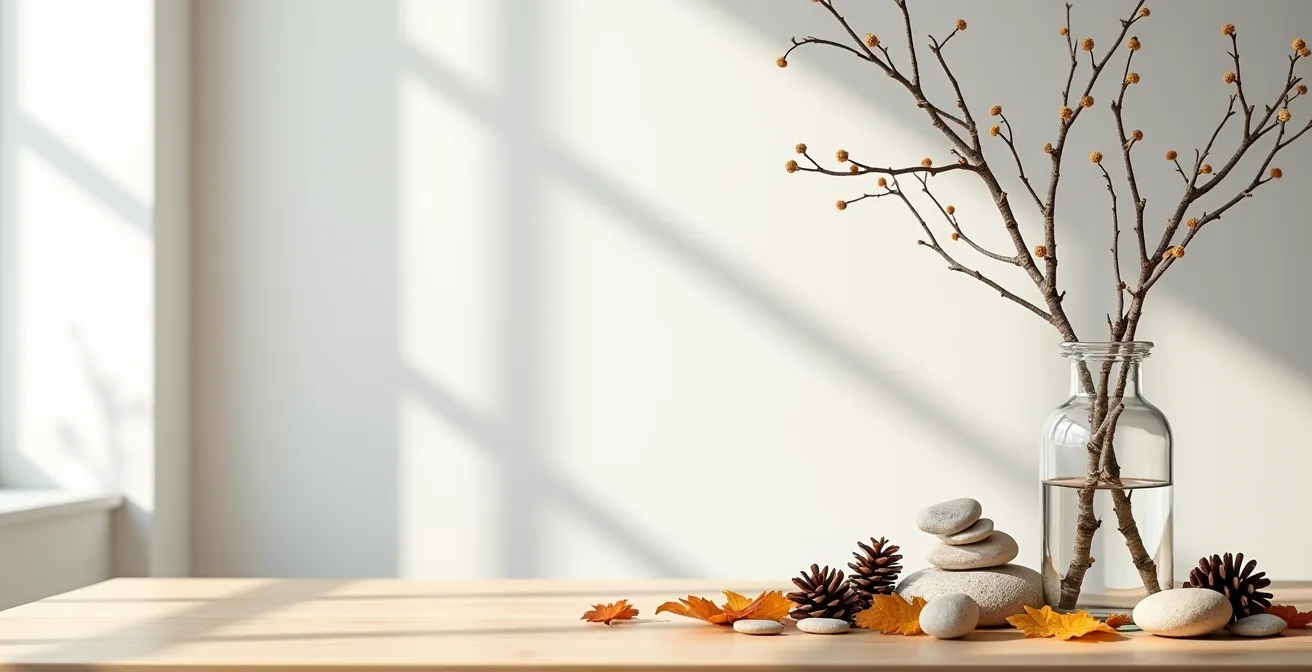 Arrangement minimaliste de branches de bouleau et cocottes de pin sur table en bois clair