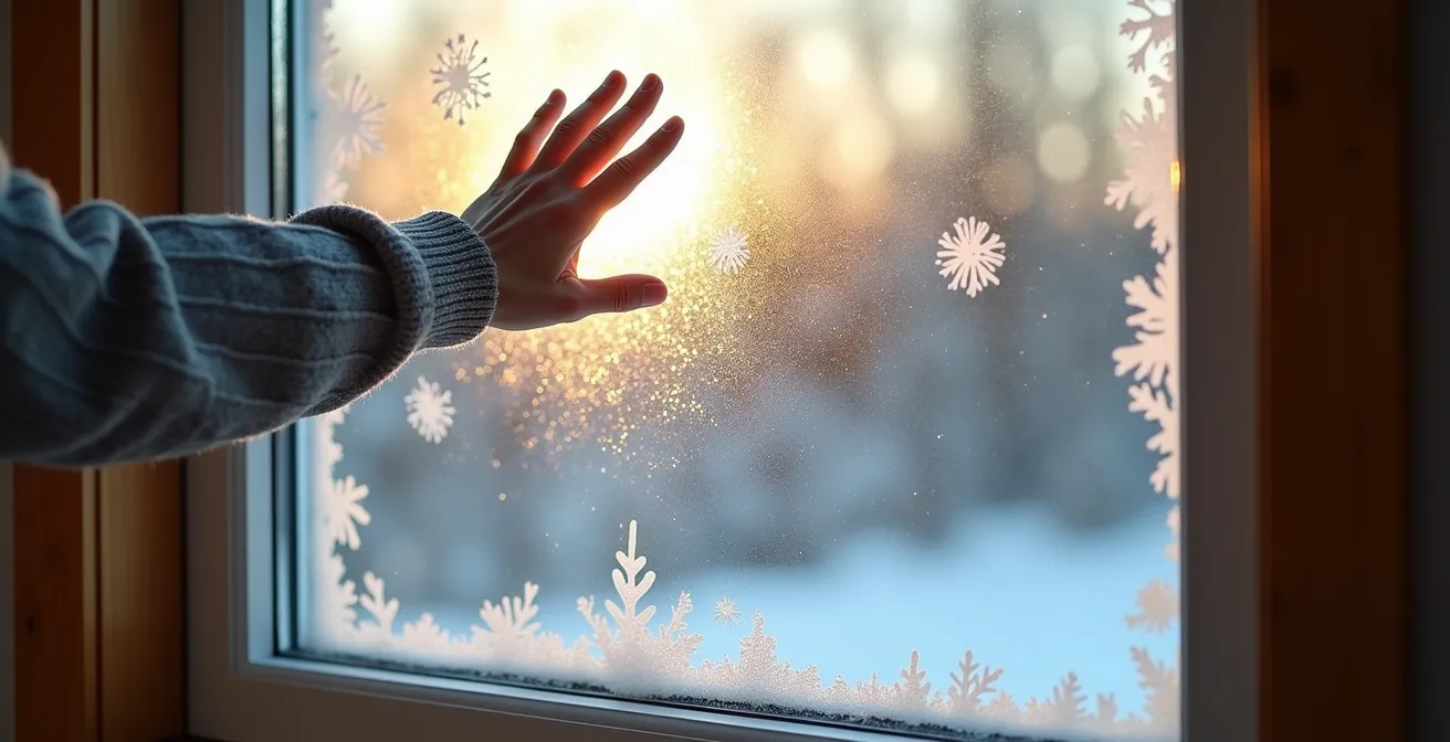 Fenêtre montrant la formation de condensation avec visualisation du gradient thermique en hiver québécois