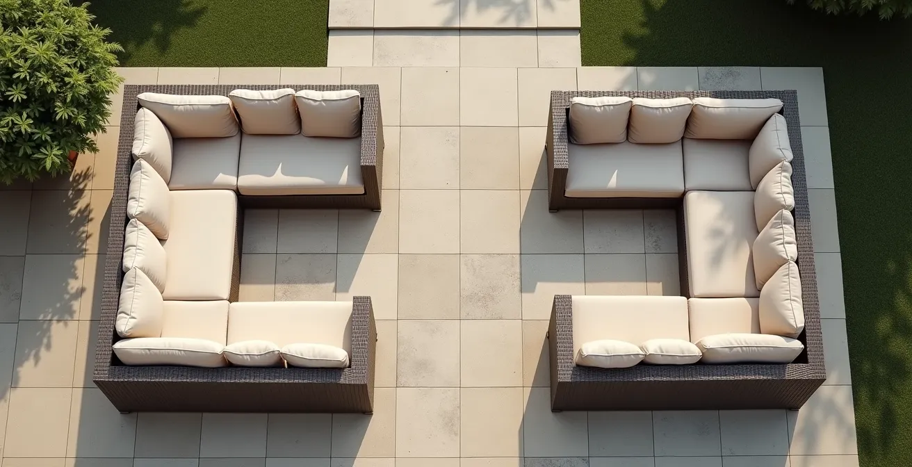 Vue aérienne comparative de deux configurations de sectionnels extérieurs sur terrasse