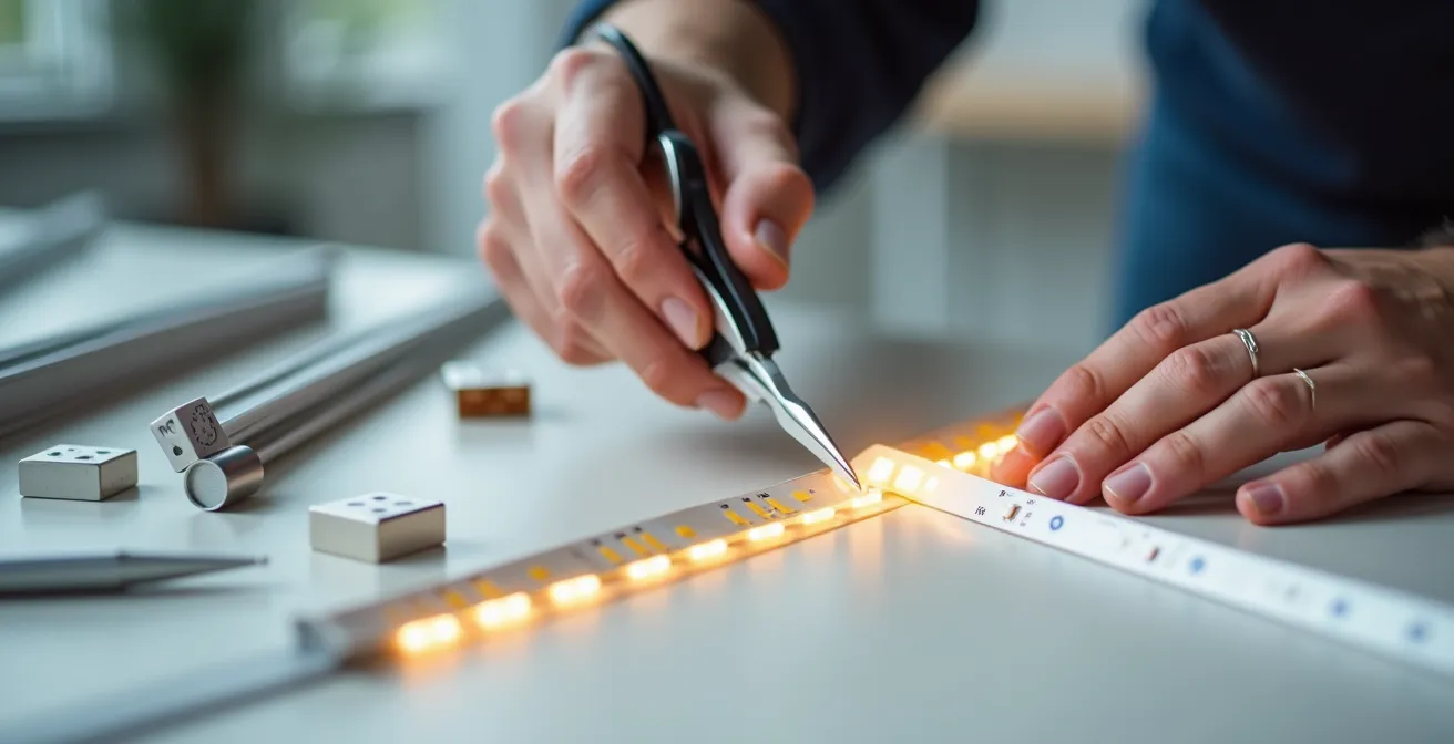 Mains d'installateur coupant précisément un ruban LED sur les marques de coupe avec des connecteurs prêts à l'emploi