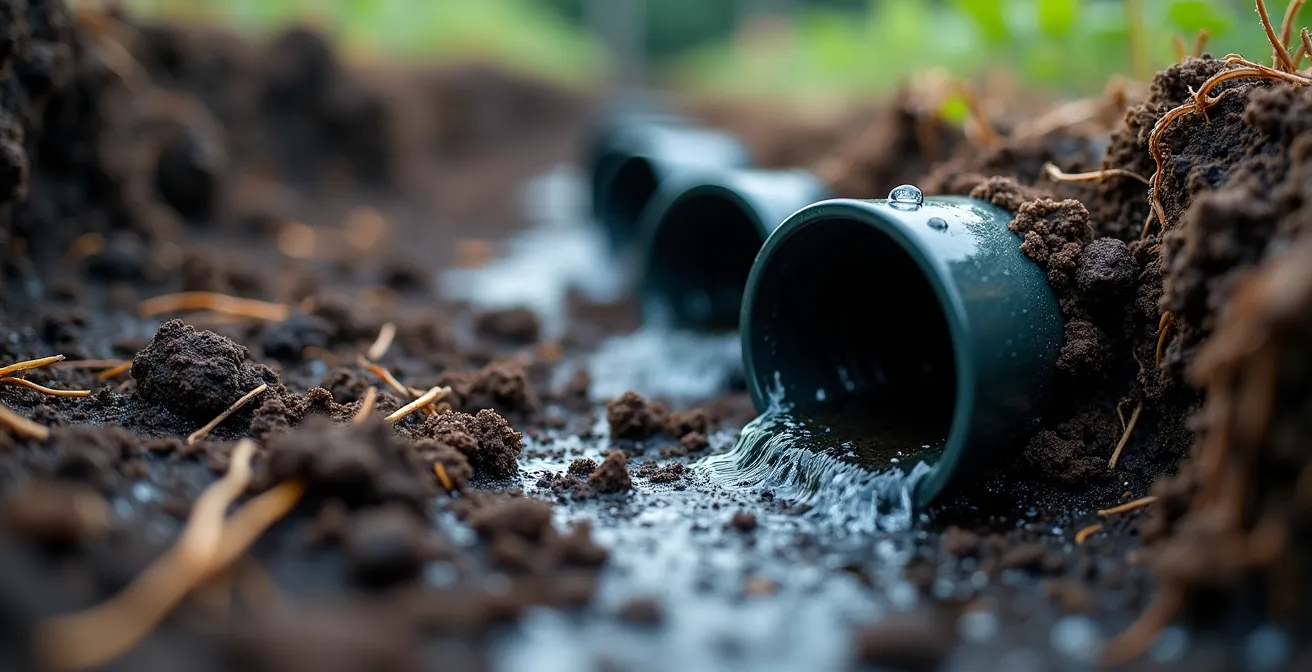 Coupe transversale du sol montrant un tuyau avec des points bas où l'eau s'accumule