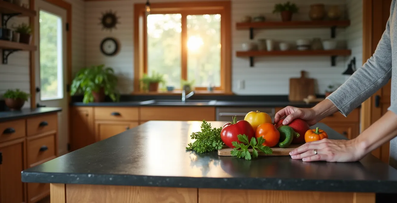 Cuisine de style farmhouse moderne avec comptoir en ardoise dans un bungalow québécois rénové