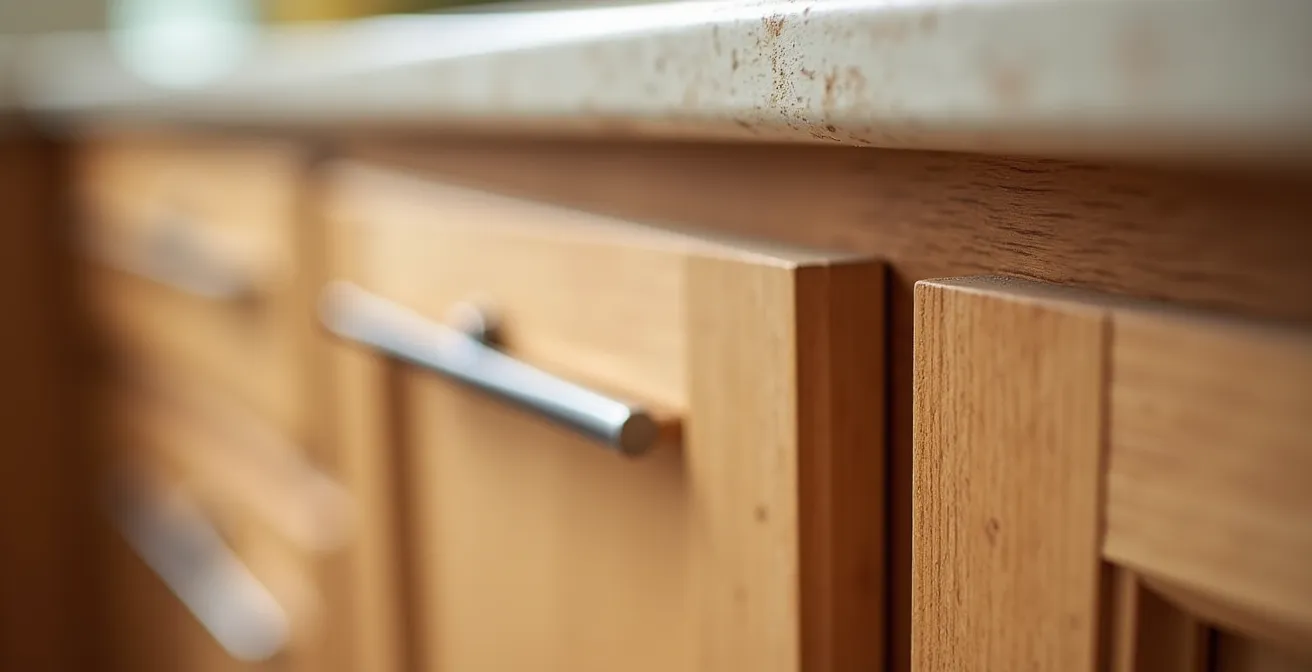 Gros plan sur un caisson de cuisine en bois naturel avec chants scellés