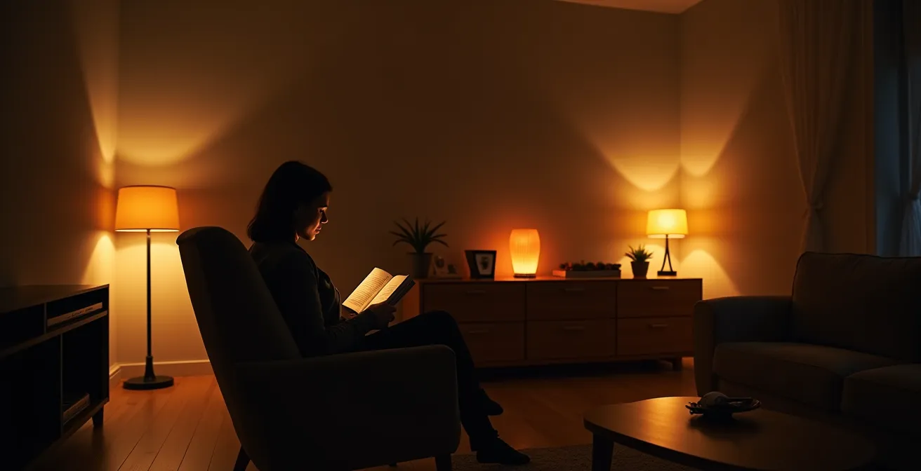 Salon avec éclairage en trois couches créant une ambiance de feu de cheminée