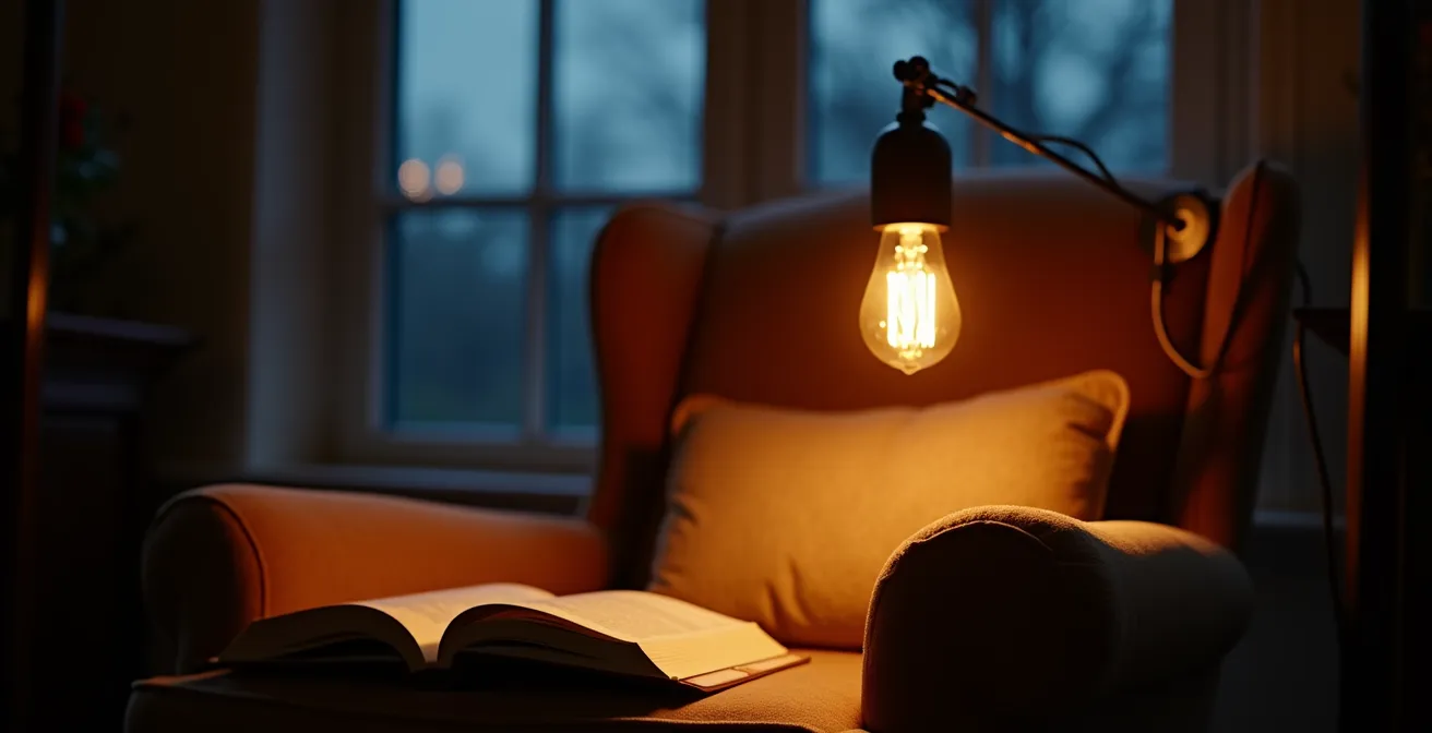 Lampe de lecture avec ampoule blanc chaud créant une ambiance apaisante pour la lecture du soir