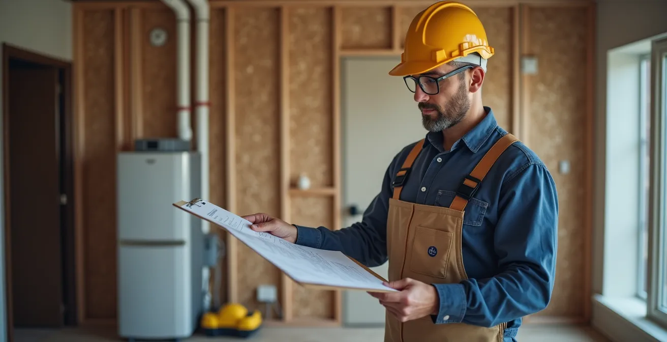 Entrepreneur certifié RBQ vérifiant les documents de conformité pour une installation de thermopompe