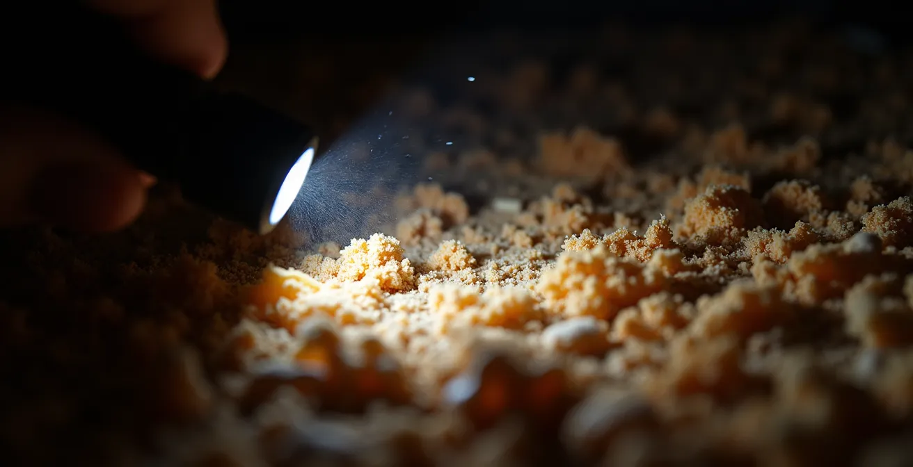 Inspection d'une vieille isolation en ripe de bois dans un grenier avec lumière de lampe torche révélant l'état des matériaux