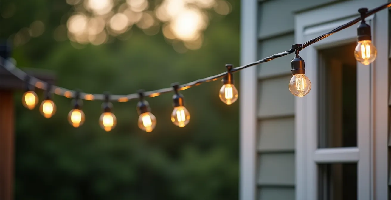 Système de haubanage discret avec câble d'acier pour suspendre des guirlandes solaires
