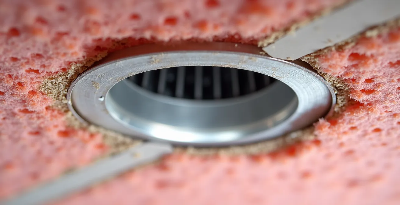 Vue en coupe d'un spot encastré de type IC installé dans un plafond isolé avec pare-vapeur