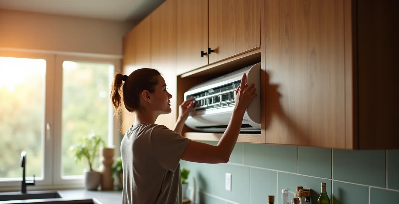 Cuisine moderne québécoise avec thermopompe intégrée dans un caisson assorti aux armoires hautes.