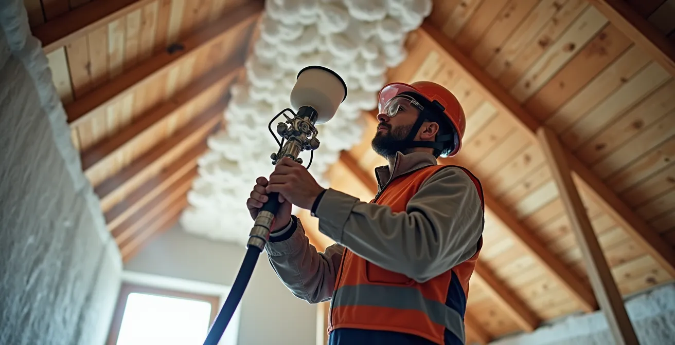 Application de mousse polyuréthane giclée entre les solives d'un plafond cathédrale en construction