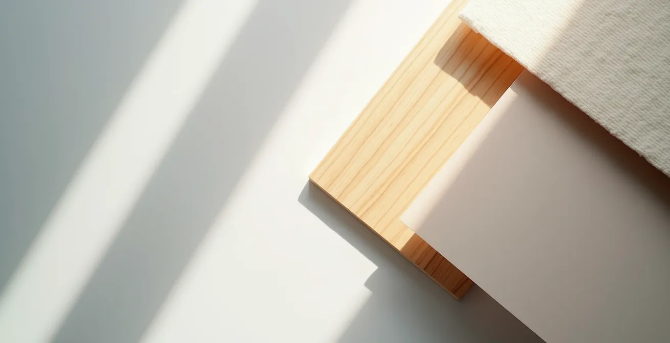 Vue abstraite de surfaces certifiées avec motifs géométriques suggérant des labels