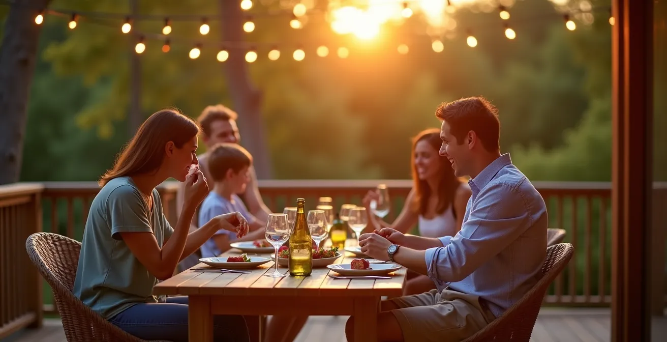Terrasse québécoise au crépuscule avec moustiquaire motorisé discrètement intégré, famille profitant d'un repas sans insectes