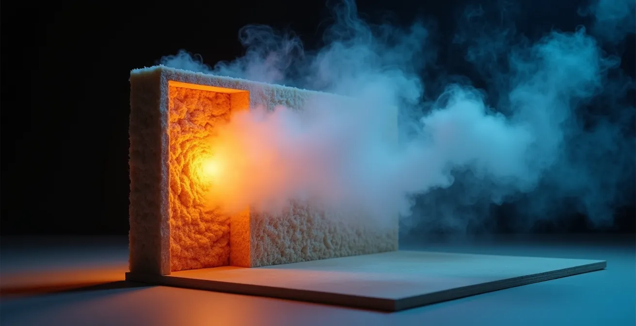 Coupe transversale d'un mur montrant la migration de vapeur d'eau à travers les couches d'isolation biosourcée