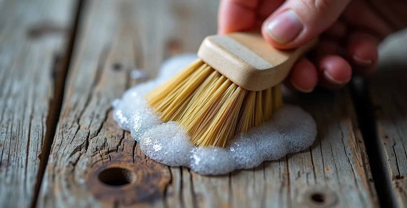 Nettoyage manuel délicat d'une planche de bois de grange avec brosse en nylon