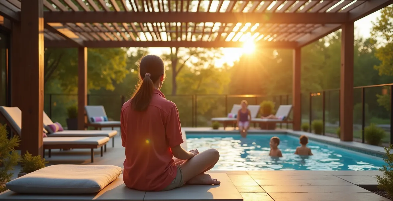 Pergola en bois torréfié intégrée à la clôture de piscine avec zone d'ombre pour surveillance