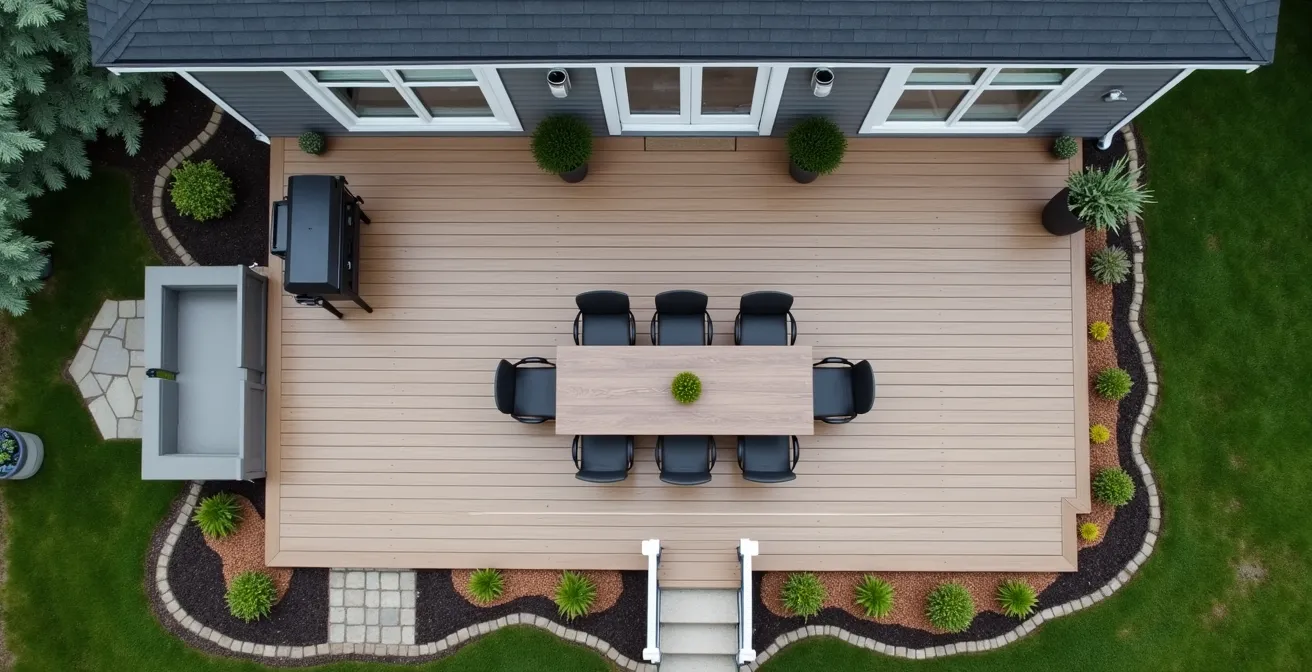 Vue aérienne d'une terrasse québécoise montrant l'espace de dégagement de 3 pieds autour de la table