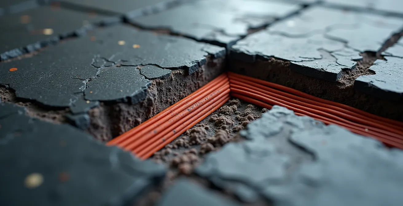 Coupe technique d'un plancher en ardoise avec système de chauffage radiant