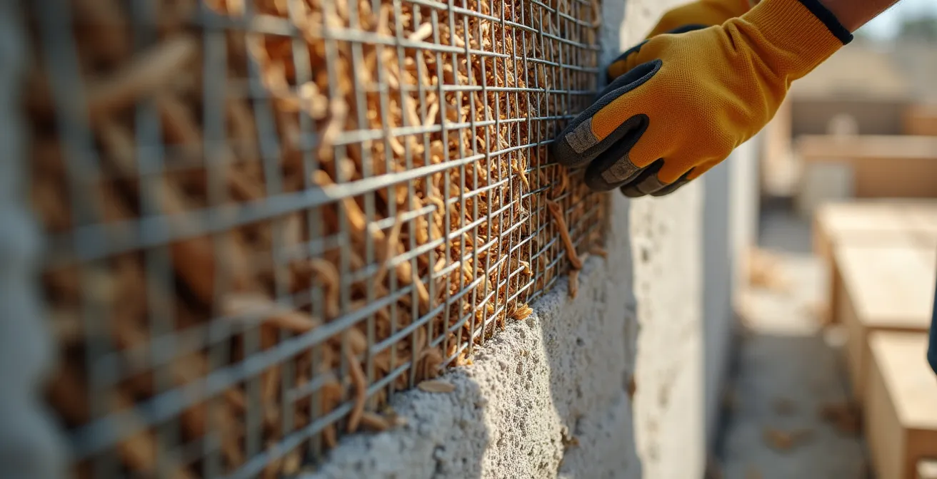 Gros plan sur l'installation d'un grillage métallique protecteur à la base d'un mur isolé en paille avec enduit à la chaux