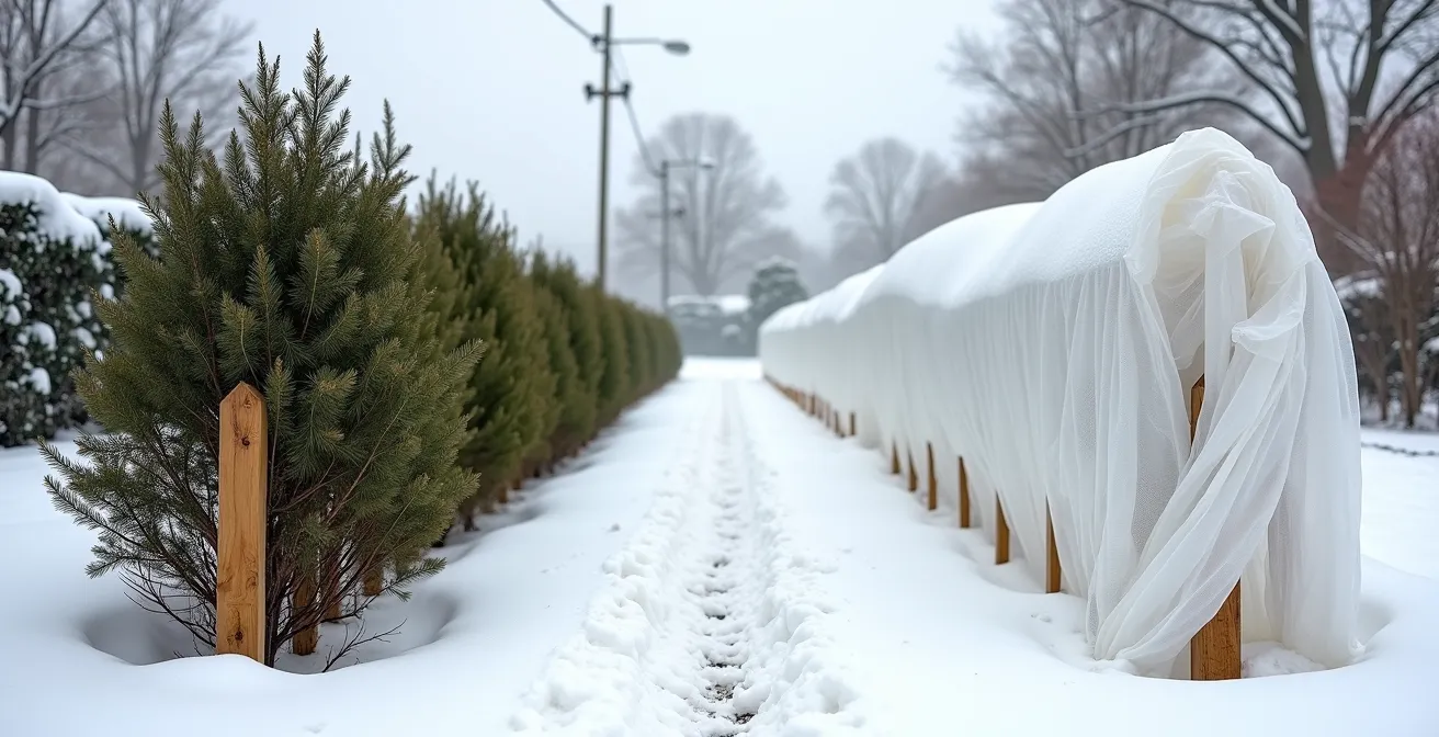 Comparaison visuelle de deux méthodes de protection hivernale pour haies de cèdres