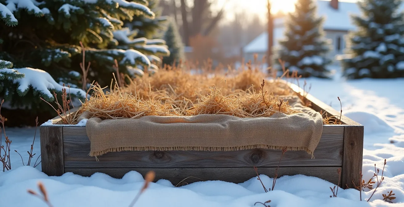 Bac surélevé protégé pour l'hiver avec paillage épais et toile de jute