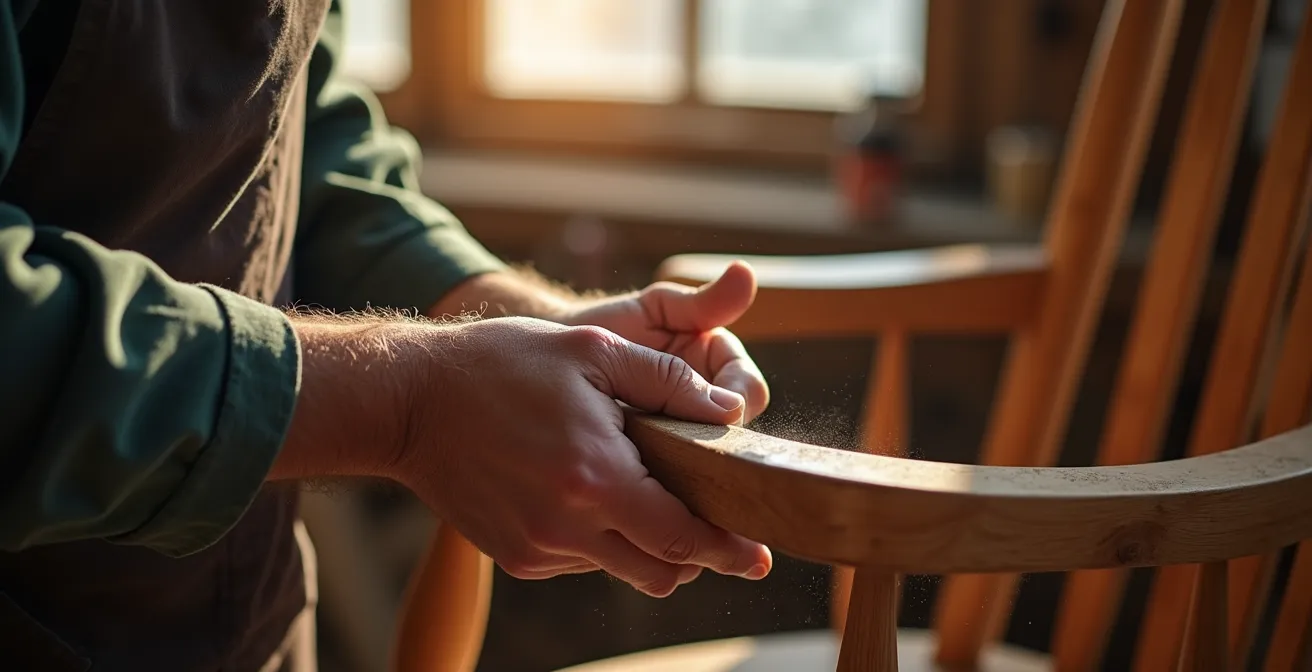 Mains d'artisan travaillant le bois d'une berçante ancienne avec outils traditionnels