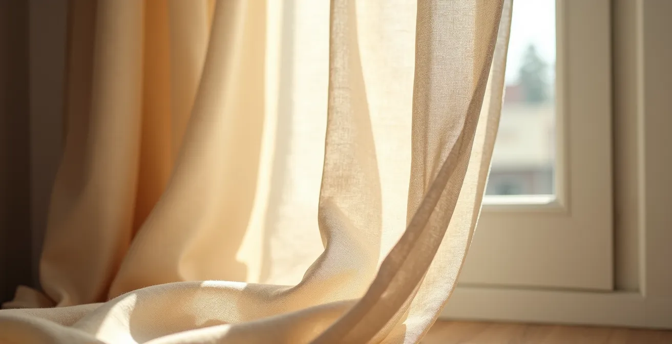 Grands rideaux en lin du sol au plafond encadrant une fenêtre dans un salon baigné de lumière, créant une impression de hauteur.