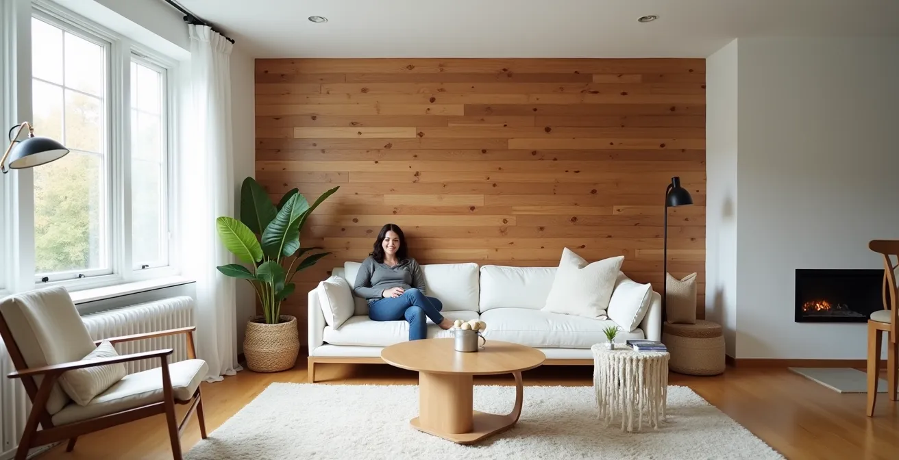 Salon moderne québécois avec un seul mur d'accent en bois de grange