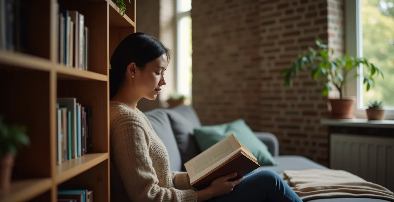 Séparation élégante d'un coin lecture avec une bibliothèque ajourée dans un petit salon