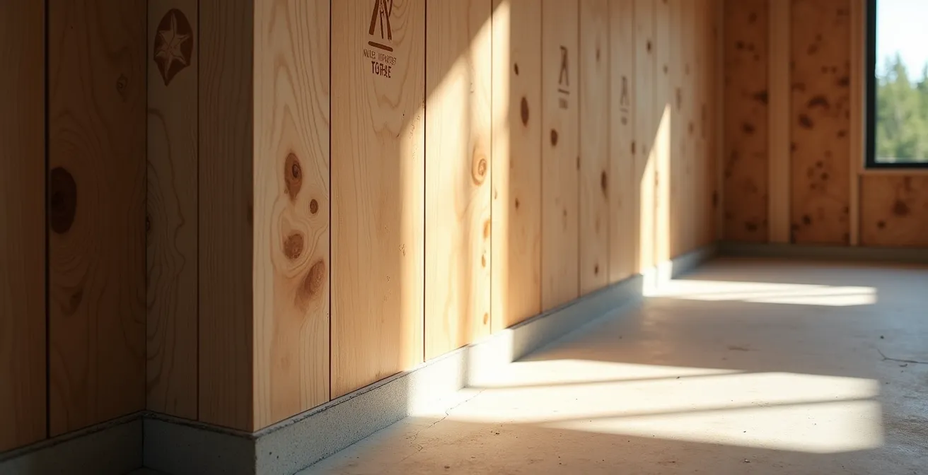 Vue détaillée d'un panneau de bois lamellé-croisé CLT en épinette noire québécoise montrant les couches perpendiculaires