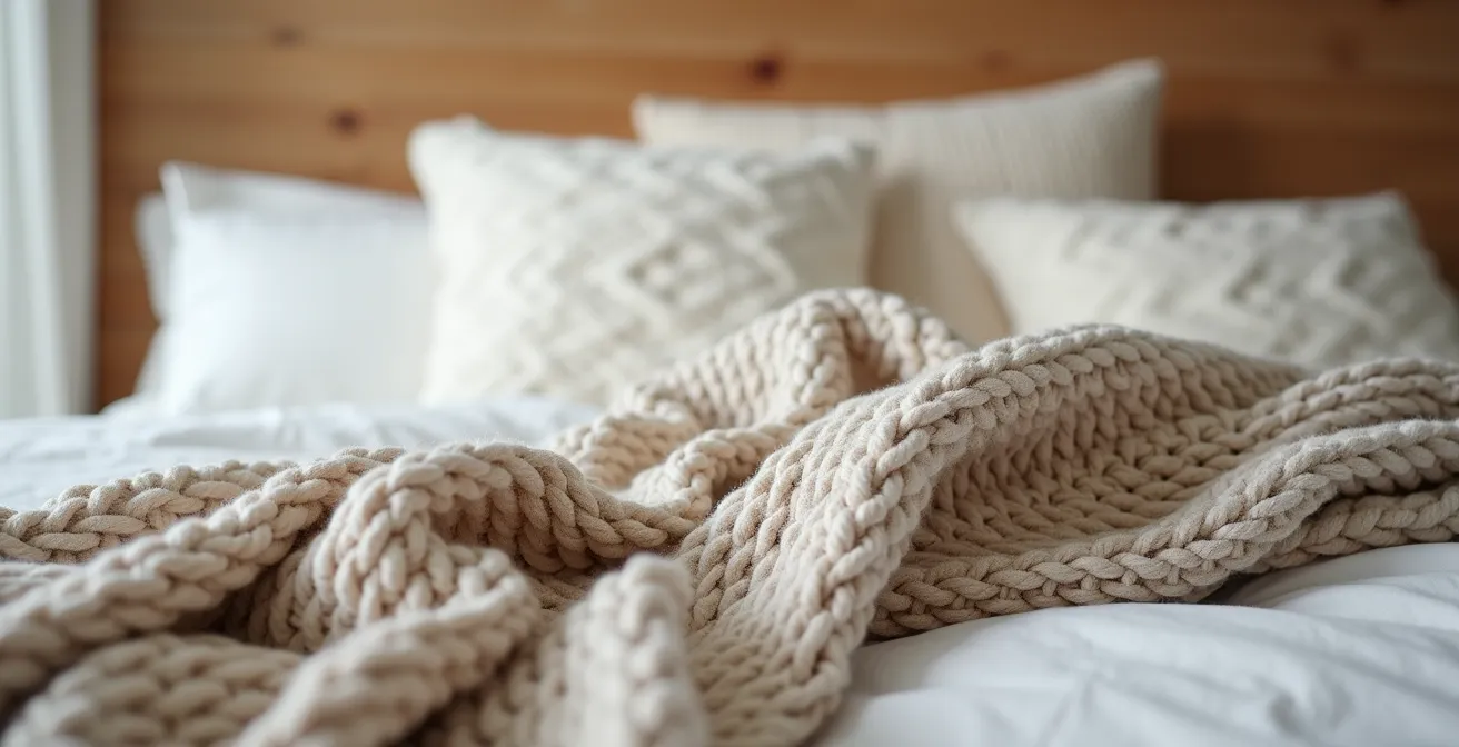 Lit avec superposition de lin blanc, plaid en laine épaisse et coussin en fausse fourrure