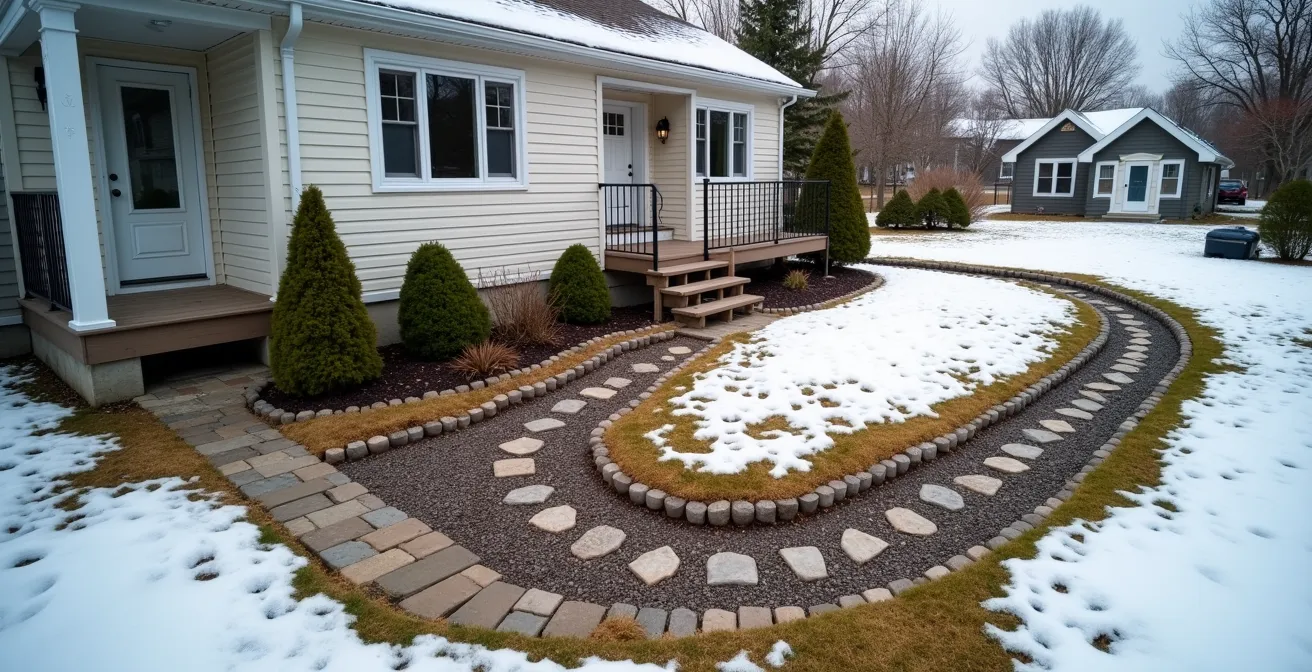 Vue aérienne d'un système de drainage périmétrique avec jardin de pluie et pente éloignant l'eau des fondations