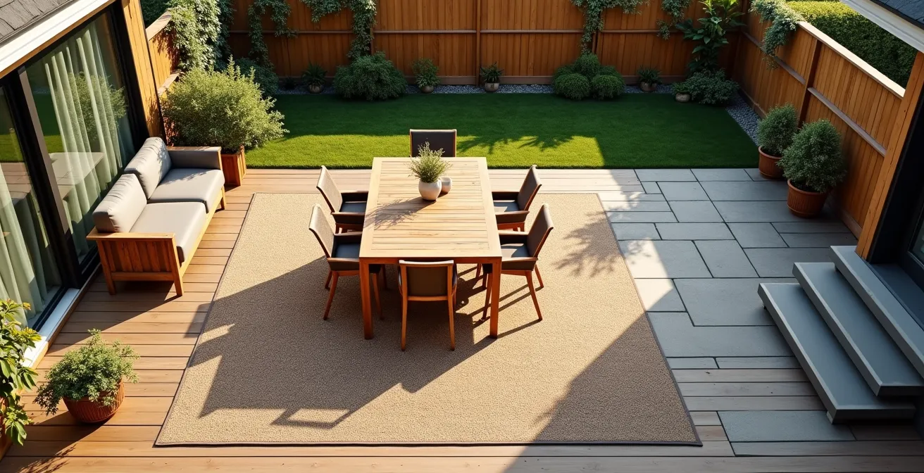 Tapis d'extérieur délimitant une zone repas sur une terrasse en bois composite