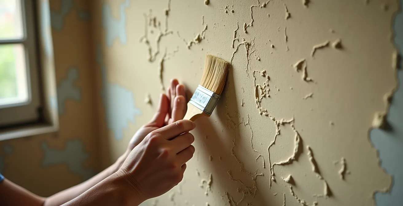 Mains appliquant délicatement un badigeon à la chaux sur un mur avec une brosse large, créant un effet nuancé