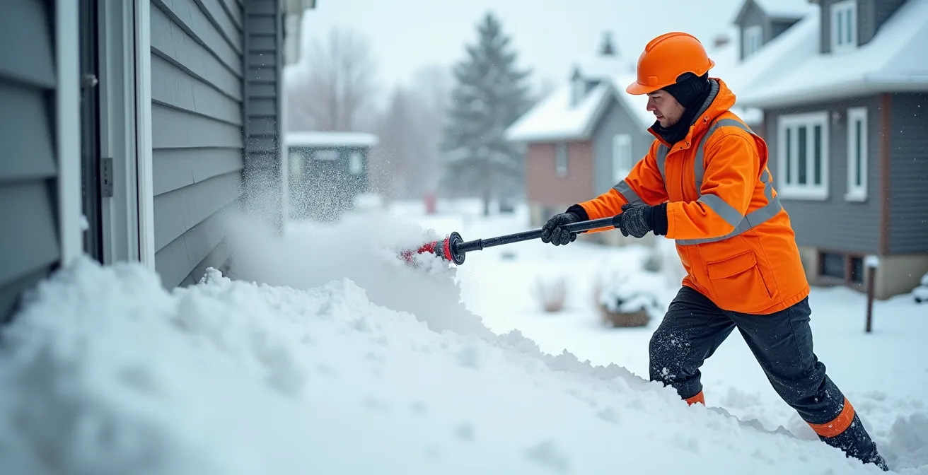 Technique appropriée de déneigement de toiture montrant l'éloignement de la neige des fondations de la maison
