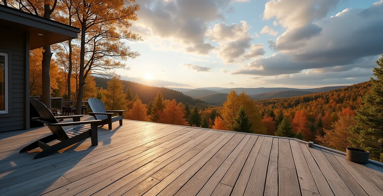 Vue large d'une terrasse en mélèze laricin avec sa patine argentée naturelle