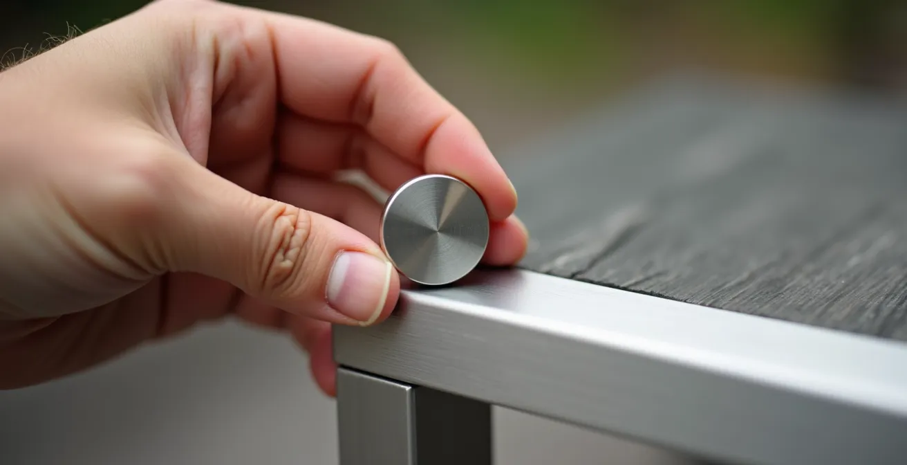 Gros plan macro d'une main testant un cadre de meuble avec un petit aimant