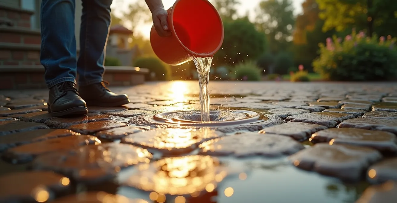 Propriétaire effectuant un test de drainage sur un patio en pavé-uni avec seau d'eau